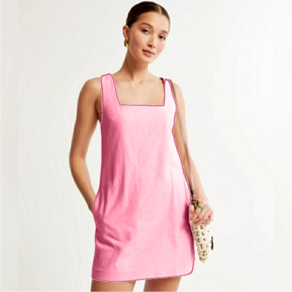 Abercrombie Linen Blend Wide Strap Mini Dress Size 14 Tall Bubble Gum Pink - Picture 8 of 8